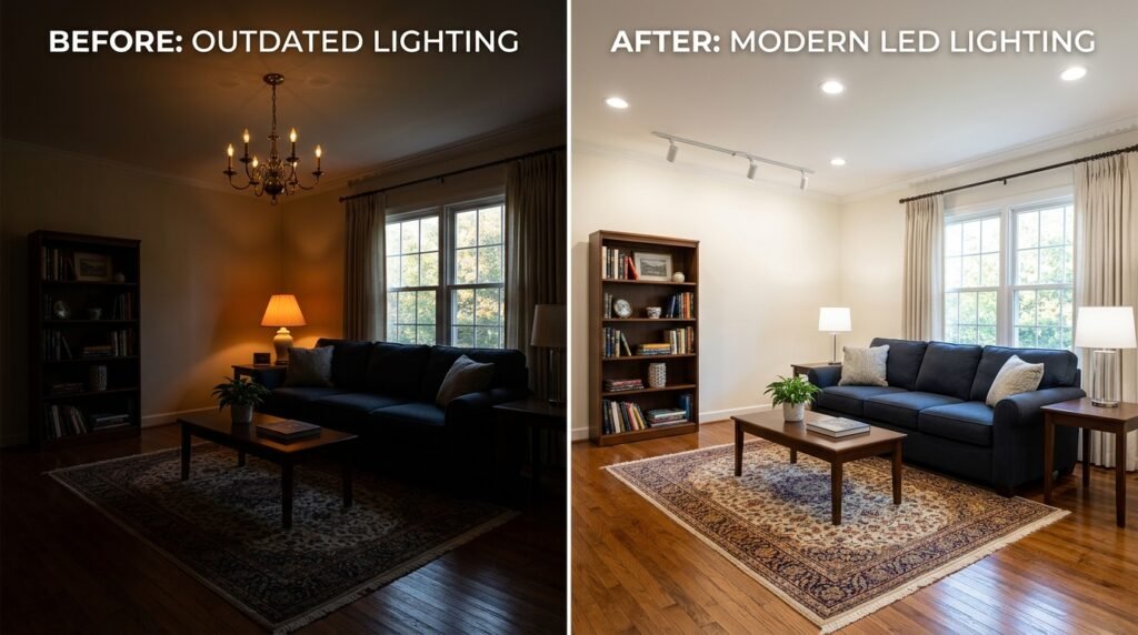 before and after commercial lighting installation pittsburgh showing dim old lights versus bright modern led
