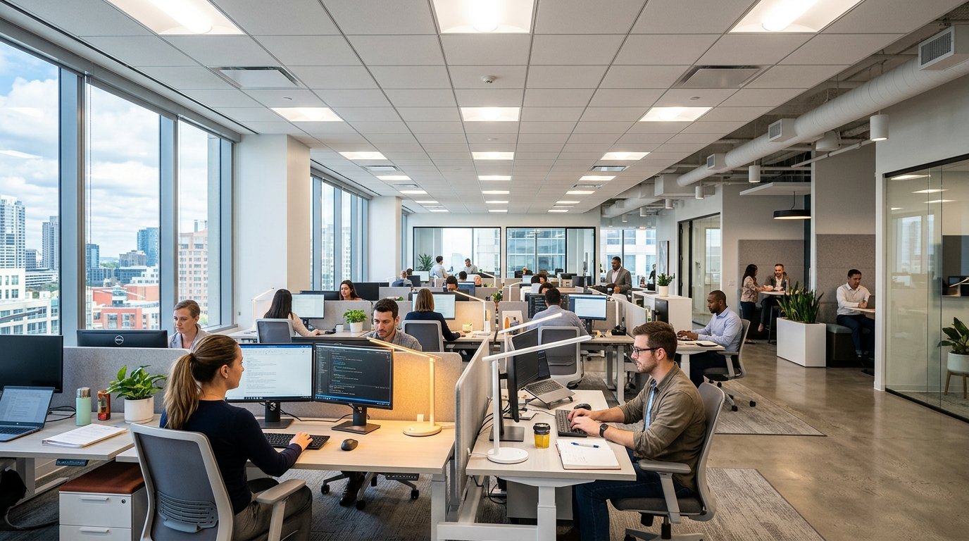 commercial lighting installation pittsburgh office building showing recessed lights and task lighting creating bright productive workspace