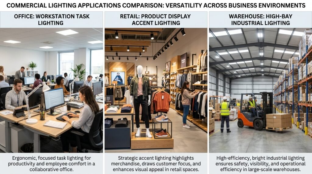 commercial lighting installation pittsburgh comparison showing office retail warehouse and parking lot lighting solutions