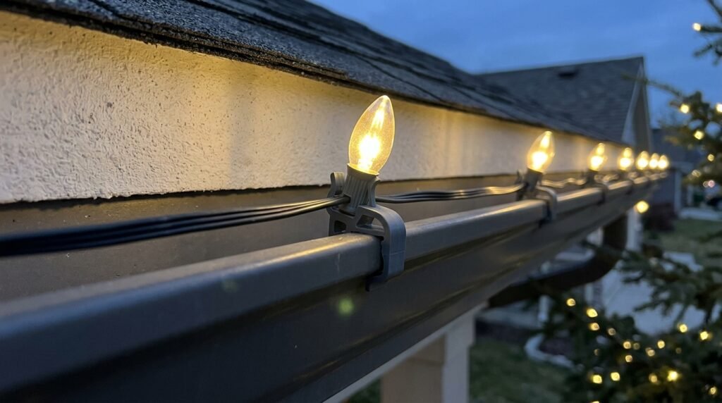 close up of professional christmas light installation pittsburgh showing secure gutter clips and hidden wiring