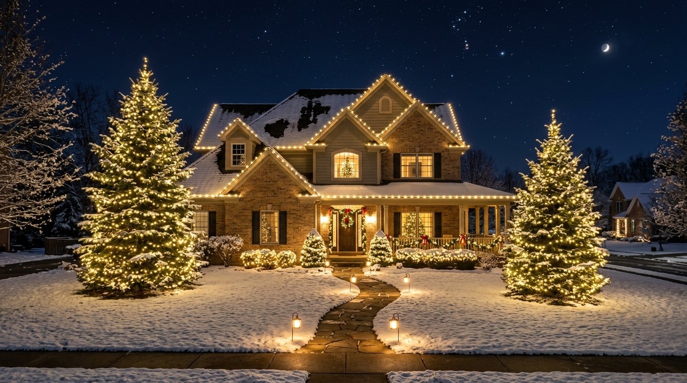 professional christmas light installation pittsburgh showing roofline lights and tree wrapping on home at night
