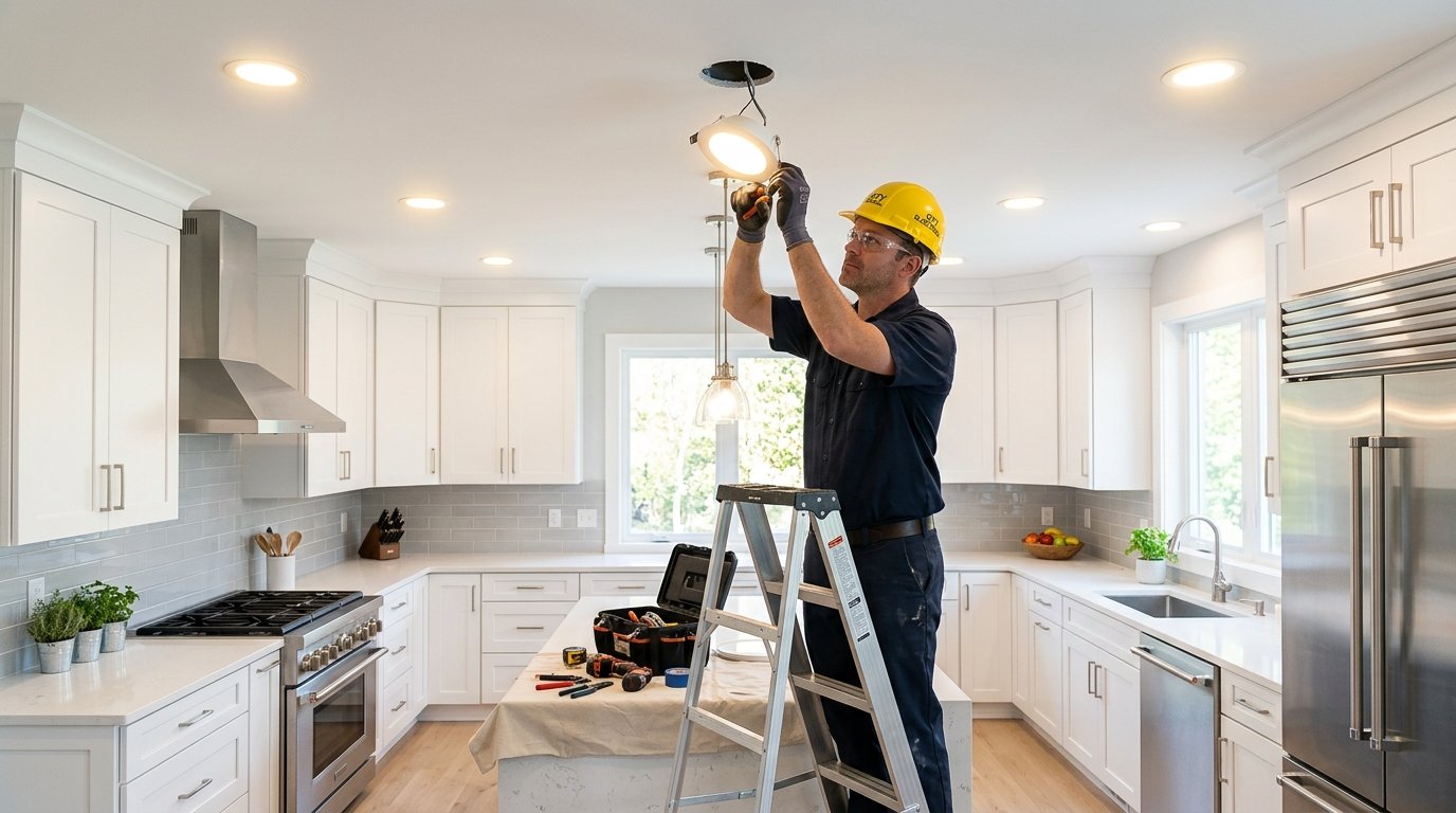 professional electrician installing recessed lighting in pittsburgh kitchen with led fixtures