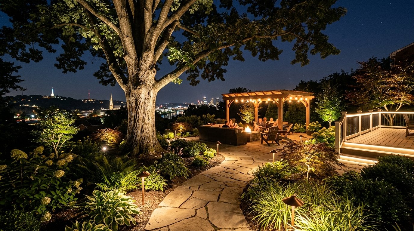 professional landscape lighting installation pittsburgh showing tree uplighting pathway lights and deck lighting at night