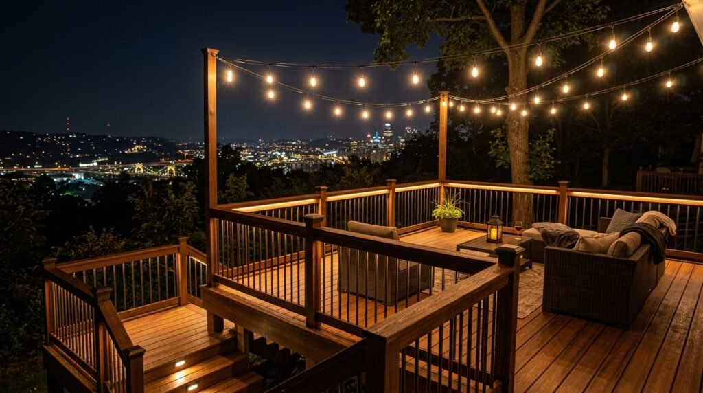 professional outdoor lighting installation pittsburgh deck showing proper under rail lighting and string lights