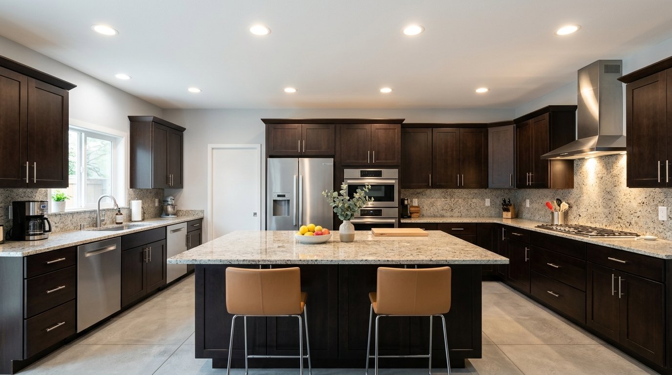 recessed lighting installation pittsburgh kitchen showing evenly spaced led ceiling lights with bright even illumination