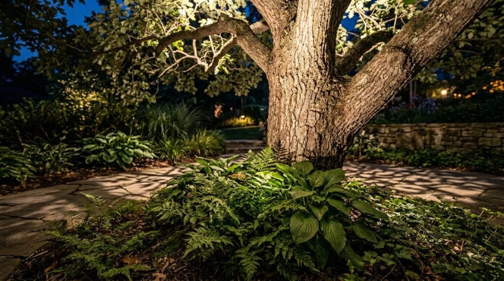 close up of professional tree uplighting fixture landscape lighting installation pittsburgh showing led light on tree